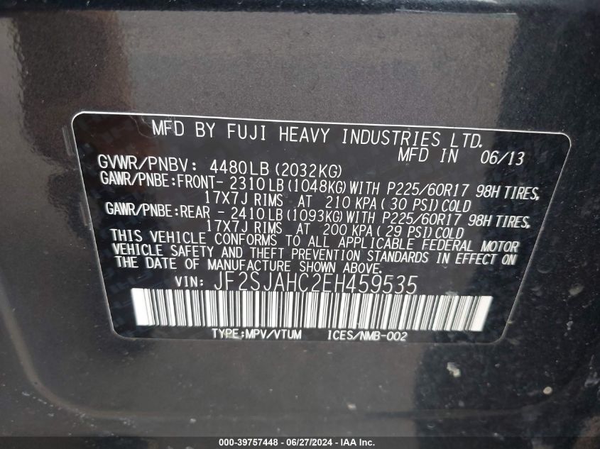 2014 Subaru Forester 2.5I Limited VIN: JF2SJAHC2EH459535 Lot: 39757448