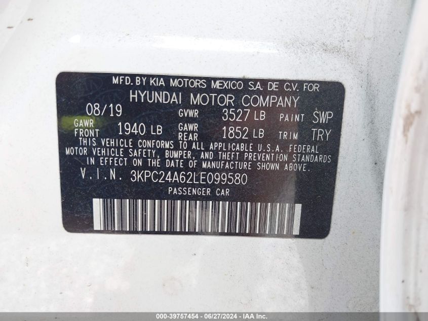 2020 Hyundai Accent Se VIN: 3KPC24A62LE099580 Lot: 39757454