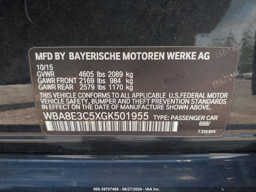 2016 BMW 328I xDrive VIN: WBA8E3C5XGK501955 Lot: 39757465