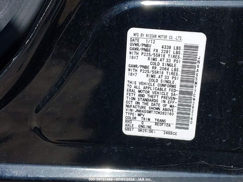 2012 Nissan Rogue Sv W/Sl Pkg VIN: JN8AS5MT7CW282160 Lot: 39757466