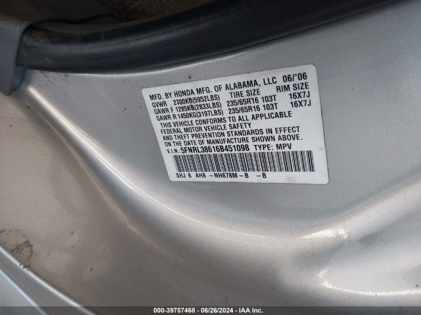 2006 Honda Odyssey Ex-L VIN: 5FNRL38616B451098 Lot: 39757468