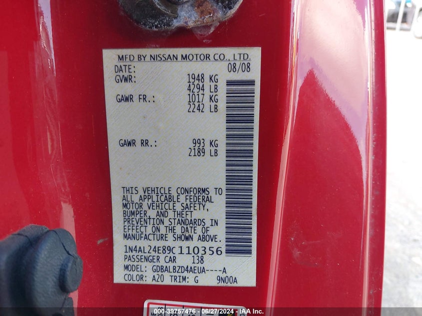 2009 Nissan Altima 2.5 S VIN: 1N4AL24E89C110356 Lot: 39757476