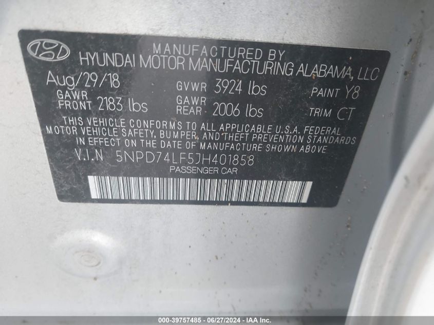 5NPD74LF5JH401858 | 2018 HYUNDAI ELANTRA