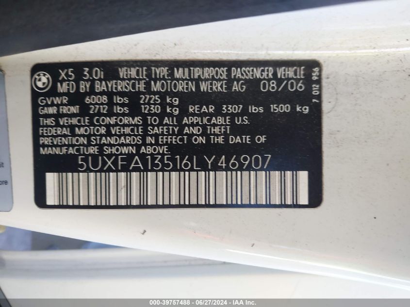 2006 BMW X5 3.0I VIN: 5UXFA13516LY46907 Lot: 39757488