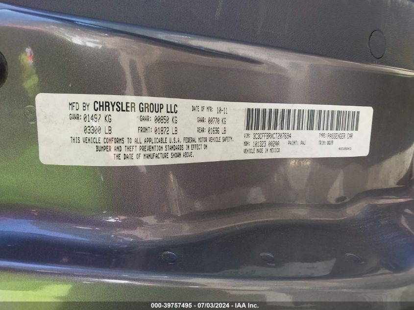 2012 Fiat 500 Sport VIN: 3C3CFFBRXCT207694 Lot: 39757495