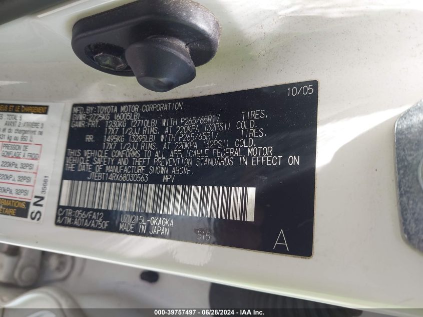 2006 Toyota 4Runner Sr5 V8 VIN: JTEBT14RX68030563 Lot: 39757497