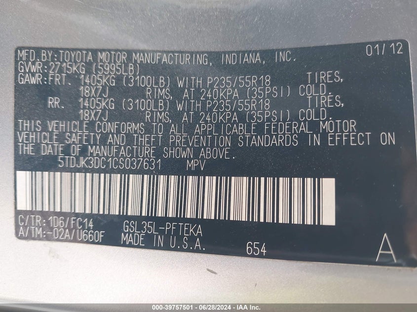 2012 Toyota Sienna Le 7 Passenger VIN: 5TDJK3DC1CS037631 Lot: 39757501