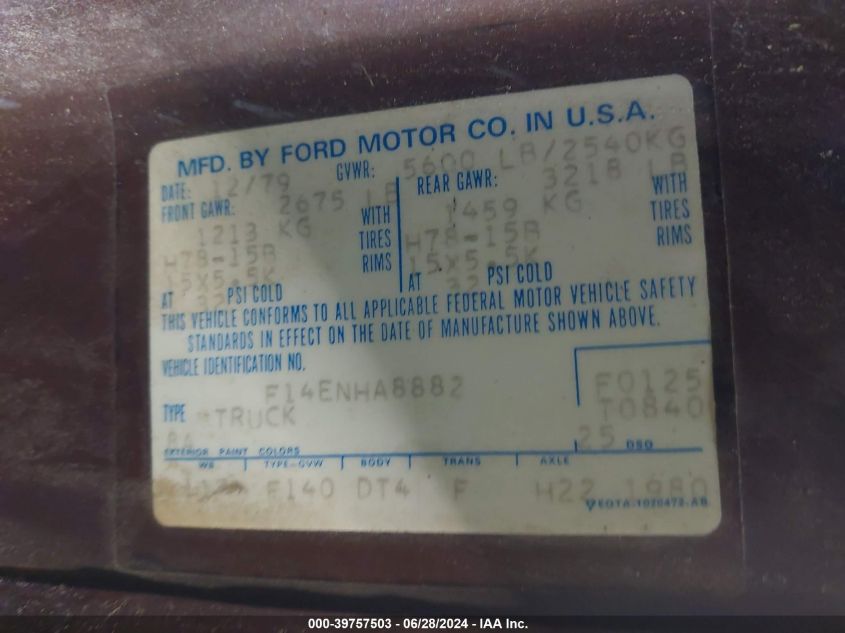 1980 Ford F-150 VIN: F14ENHA8882 Lot: 39757503