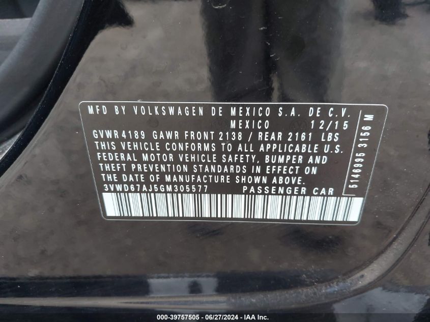 2016 Volkswagen Jetta 1.4T Se VIN: 3VWD67AJ5GM305577 Lot: 39757505