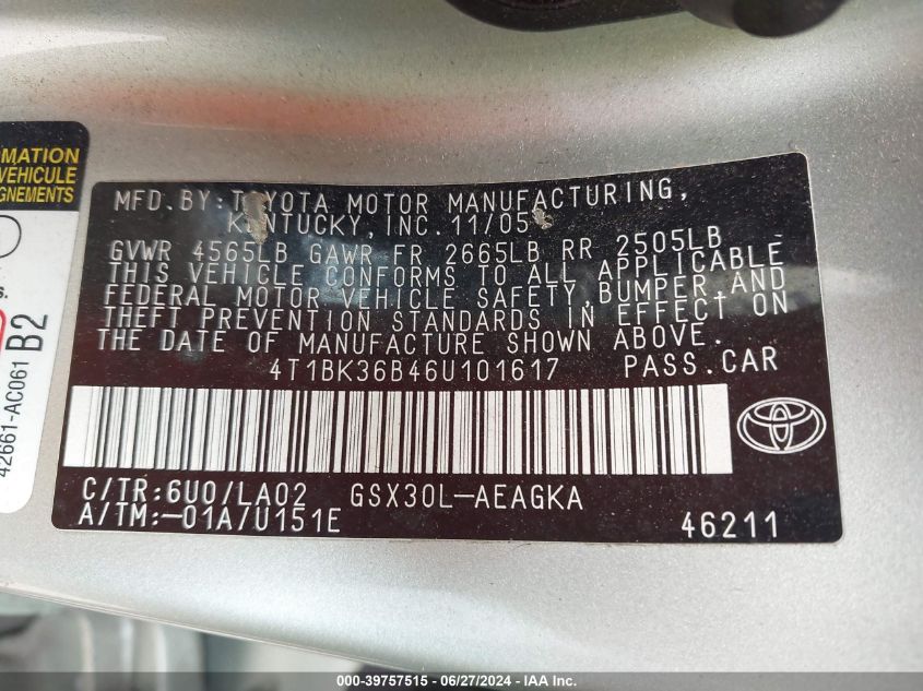 2006 Toyota Avalon Xls VIN: 4T1BK36B46U101617 Lot: 39757515