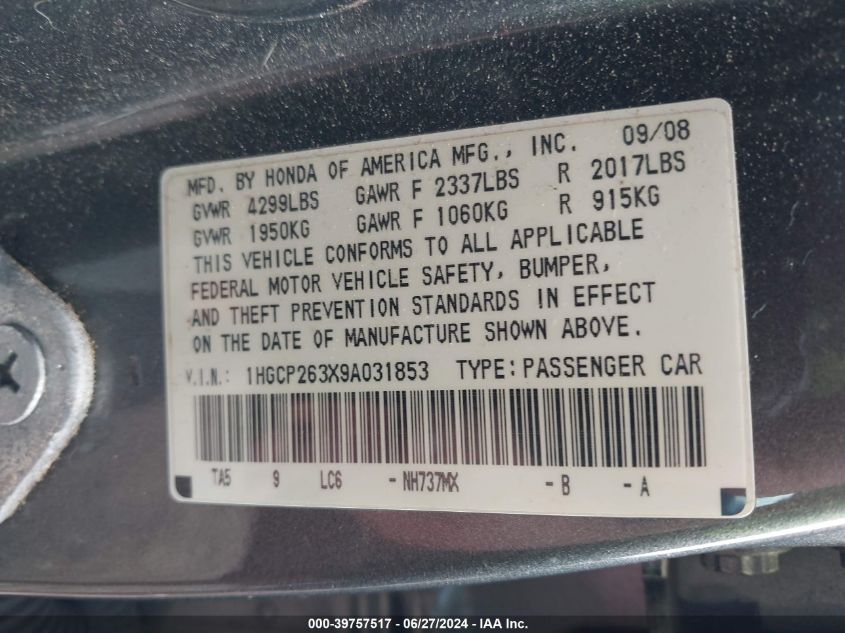 2009 Honda Accord 2.4 Lx VIN: 1HGCP263X9A031853 Lot: 39757517