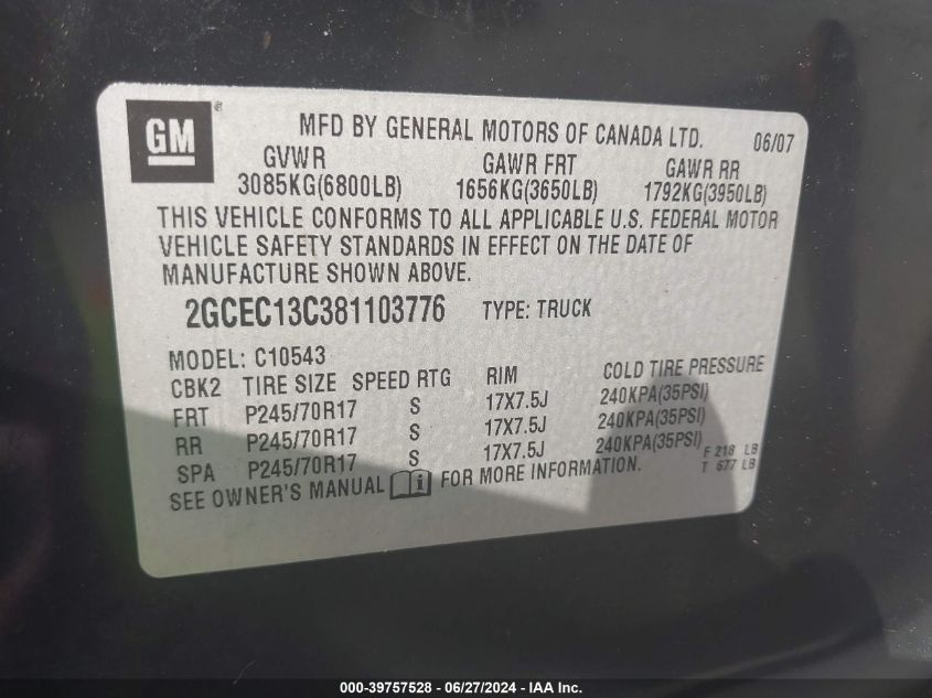2008 Chevrolet Silverado C1500 VIN: 2GCEC13C381103776 Lot: 39757528