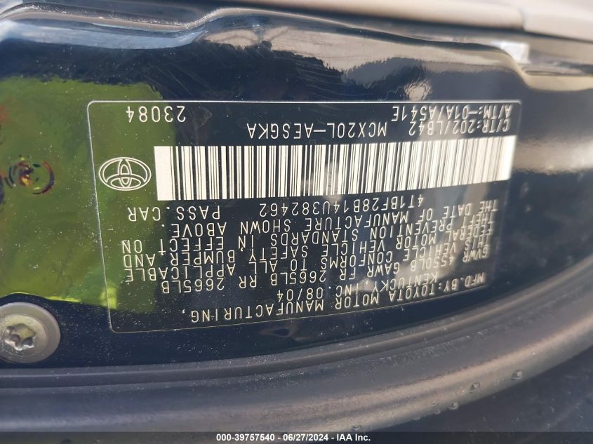 2004 Toyota Avalon Xls VIN: 4T1BF28B14U382462 Lot: 39757540