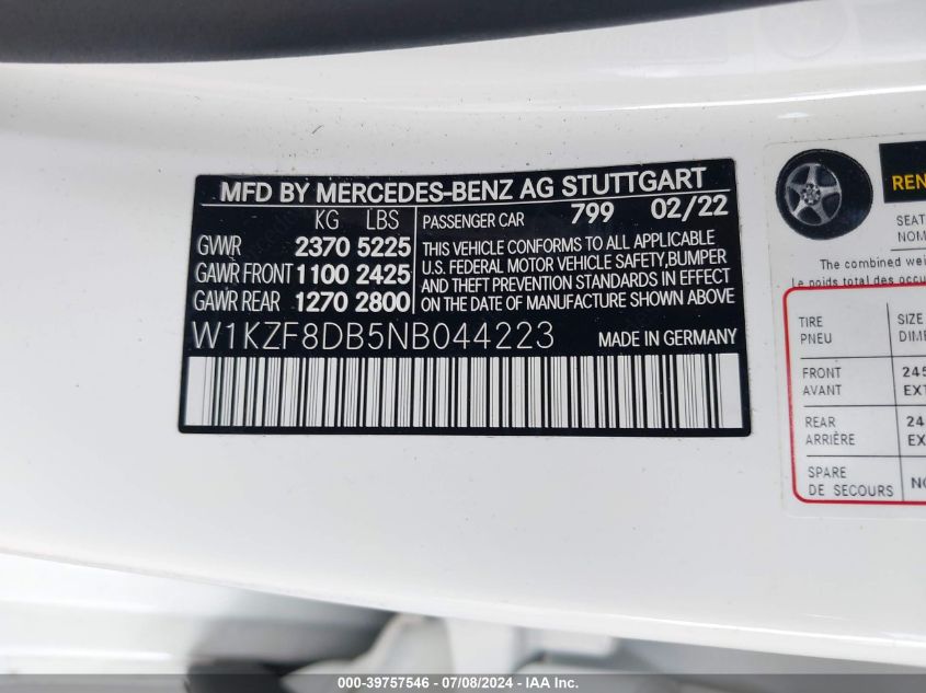 2022 Mercedes-Benz E 350 VIN: W1KZF8DB5NB044223 Lot: 39757546