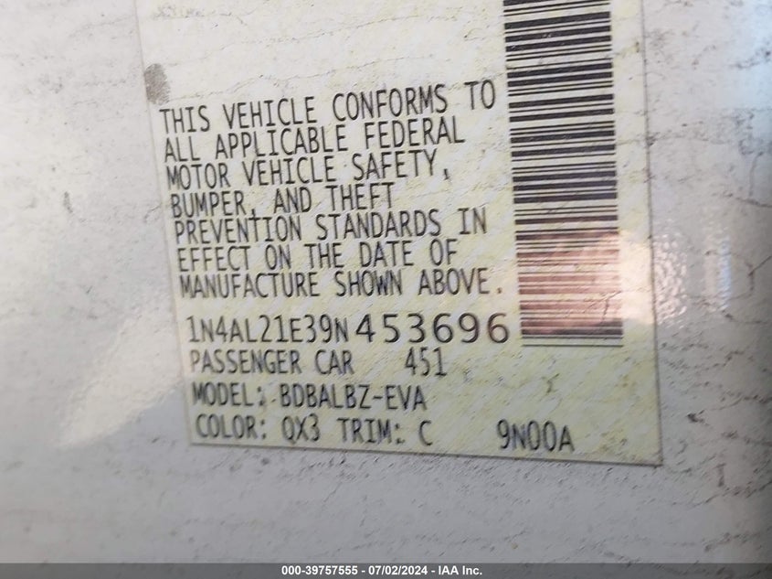 2009 Nissan Altima 2.5 S VIN: 1N4AL21E39N453696 Lot: 39757555