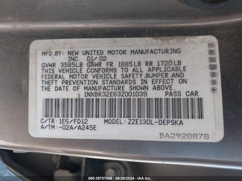 2003 Toyota Corolla Ce/Le/S VIN: 1NXBR32E63Z001039 Lot: 39757556