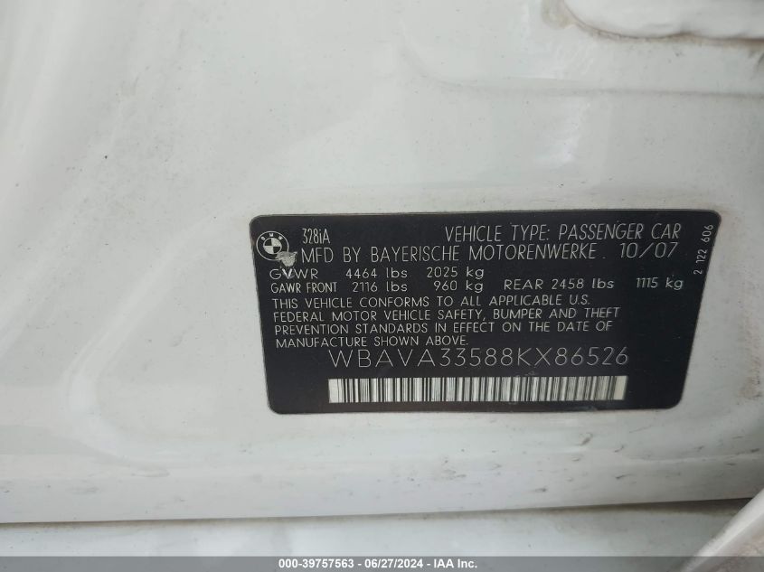 2008 BMW 328 I VIN: WBAVA33588KX86526 Lot: 39757563