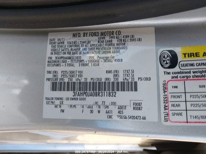 2011 Ford Fusion Sel VIN: 3FAHP0JA0BR311832 Lot: 39757569