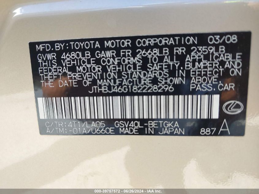 2008 Lexus Es 350 Base (A6) VIN: JTHBJ46G182228296 Lot: 39757572