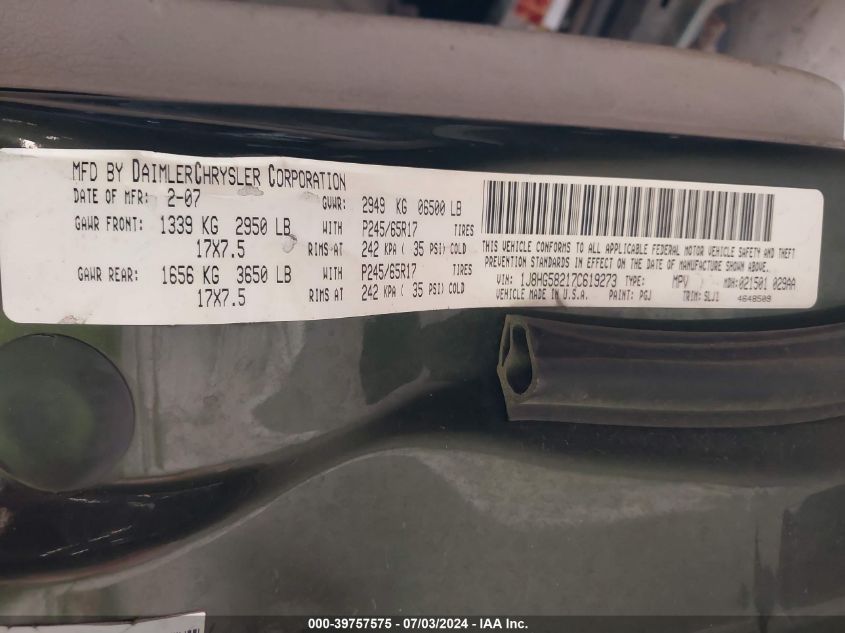 2007 Jeep Commander Limited VIN: 1J8HG58217C619273 Lot: 39757575