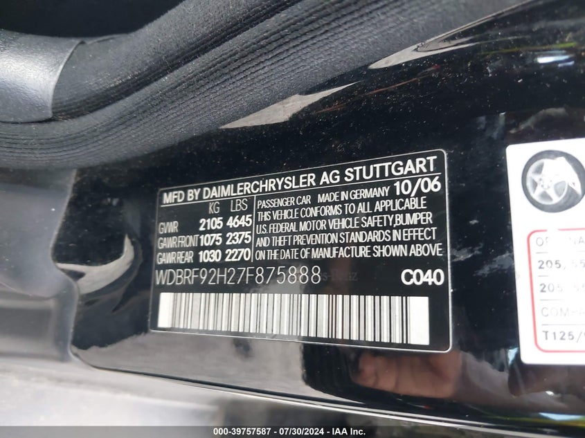 2007 Mercedes-Benz C 280 Luxury 4Matic VIN: WDBRF92H27F875888 Lot: 39757587