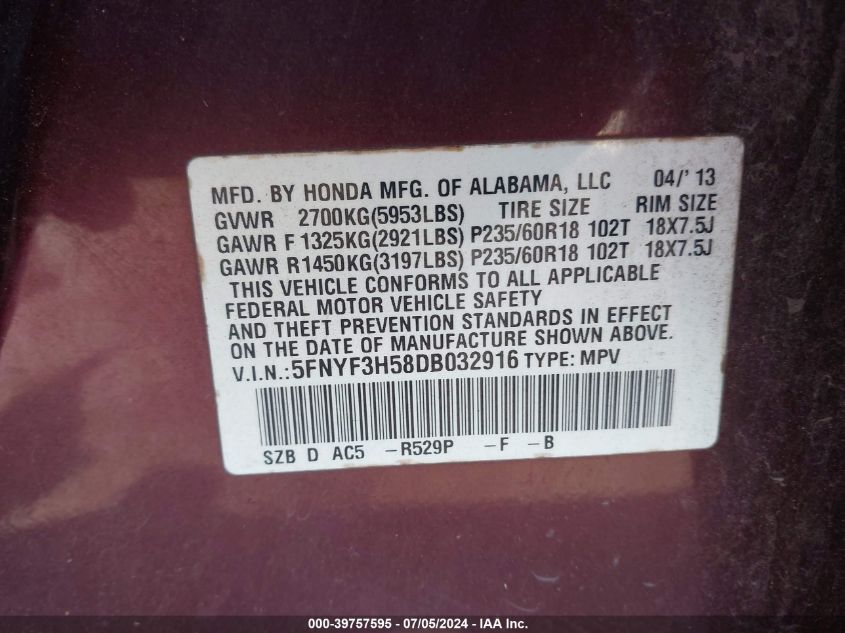 2013 Honda Pilot Ex-L VIN: 5FNYF3H58DB032916 Lot: 39757595