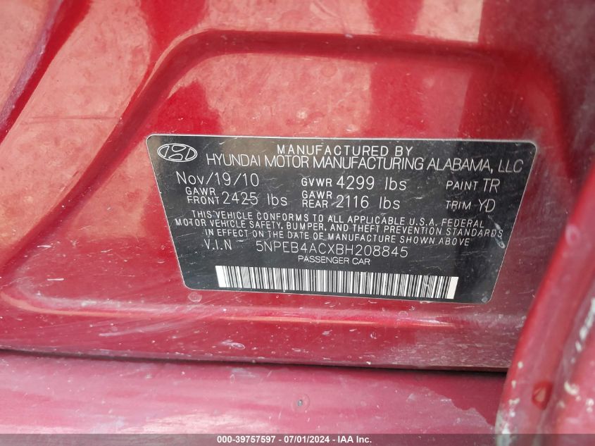 5NPEB4ACXBH208845 2011 Hyundai Sonata Gls