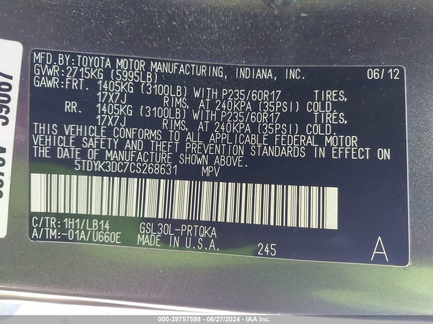 2012 Toyota Sienna Xle V6 8 Passenger VIN: 5TDYK3DC7CS268631 Lot: 39757598