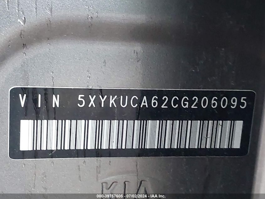 2012 Kia Sorento Ex VIN: 5XYKUCA62CG206095 Lot: 39757605