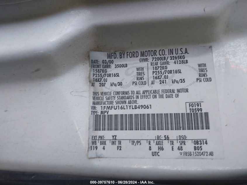 2000 Ford Expedition Xlt VIN: 1FMFU16L1YLB49061 Lot: 39757610