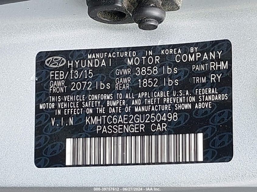 2016 Hyundai Veloster Turbo VIN: KMHTC6AE2GU250498 Lot: 39757612