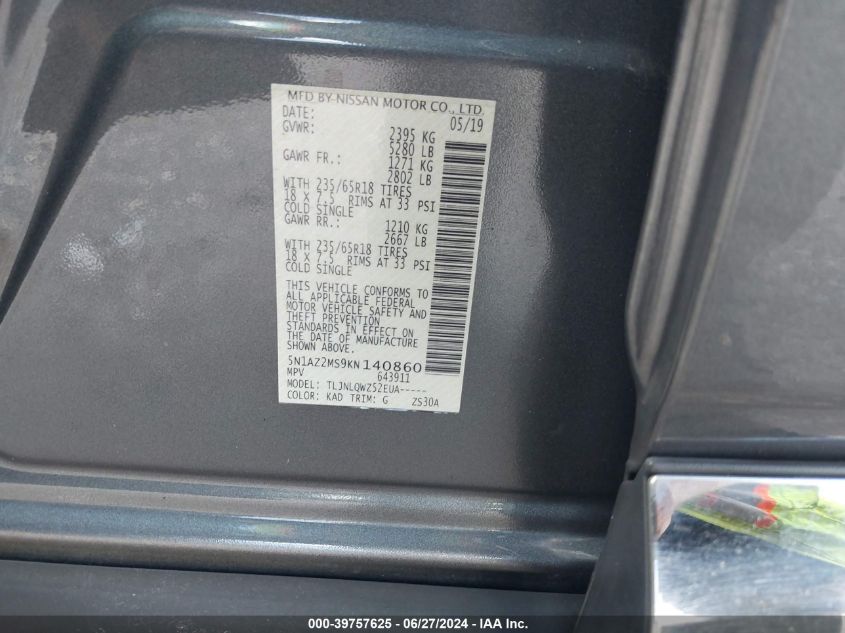 2019 Nissan Murano Sv VIN: 5N1AZ2MS9KN140860 Lot: 39757625