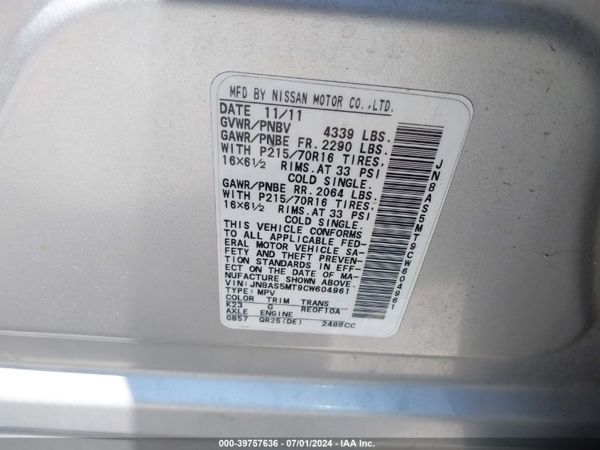 2012 Nissan Rogue S VIN: JN8AS5MT9CW604961 Lot: 39757636