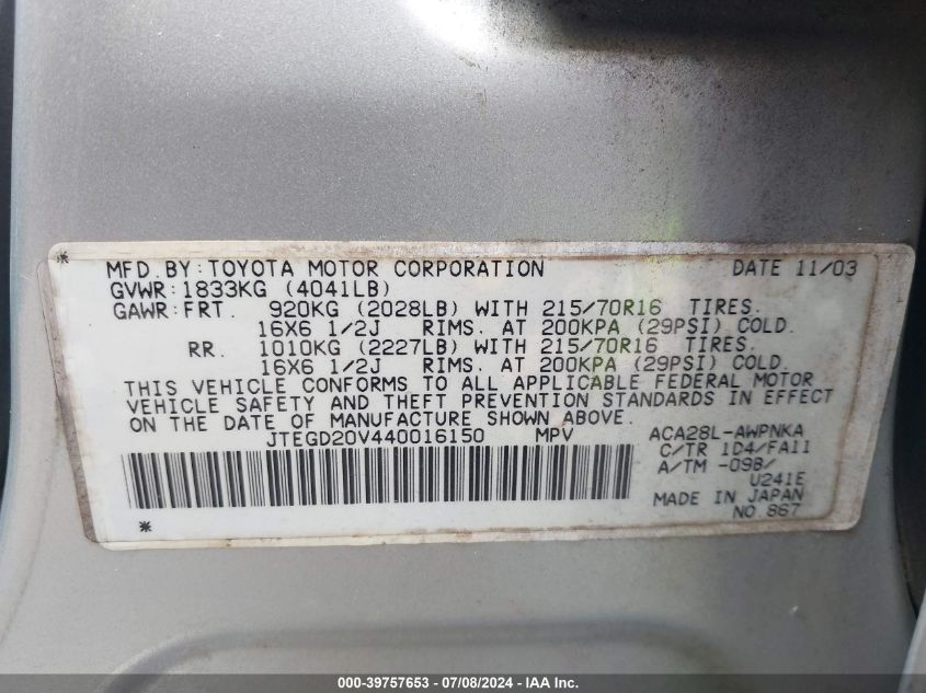 2004 Toyota Rav4 VIN: JTEGD20V440016150 Lot: 39757653