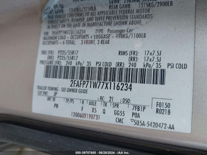 2007 Ford Crown Victoria Police/Police Interceptor VIN: 2FAFP71W77X116234 Lot: 39757655