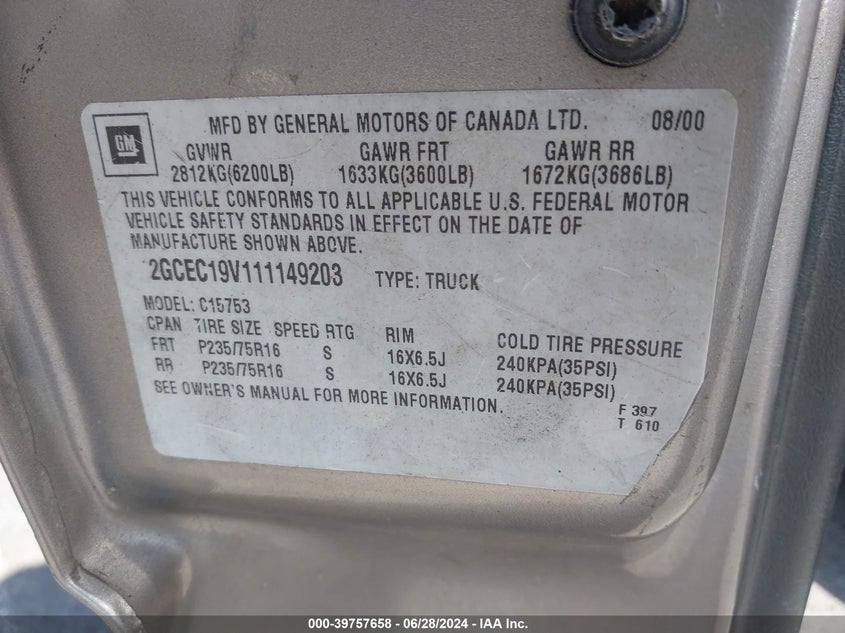 2001 Chevrolet Silverado 1500 Ls VIN: 2GCEC19V111149203 Lot: 39757658