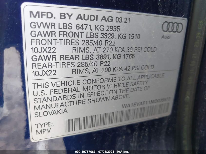 WA1EVAF11MD035572 2021 Audi Q8 Premium Plus 55 Tfsi Quattro Tiptronic