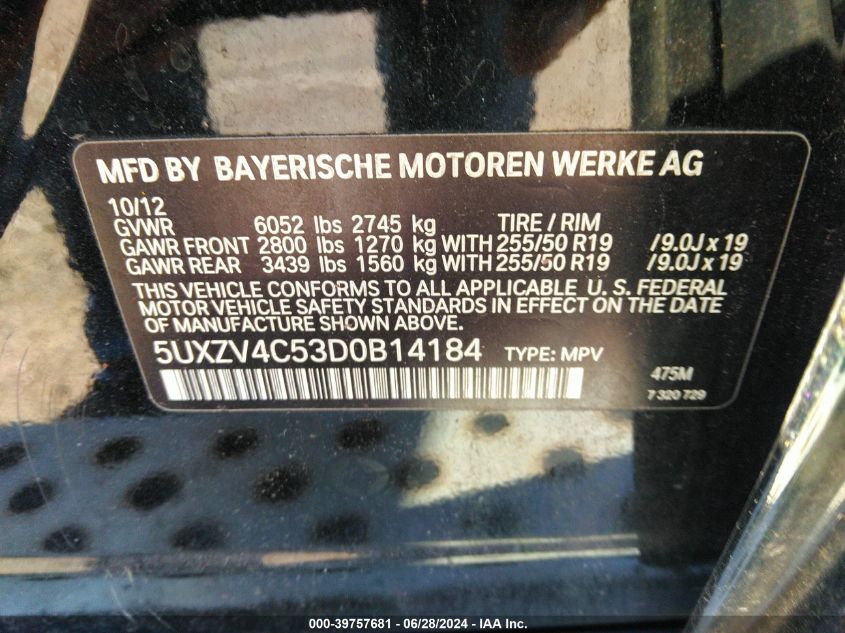 2013 BMW X5 xDrive35I/xDrive35I Premium/xDrive35I Sport Activity VIN: 5UXZV4C53D0B14184 Lot: 39757681