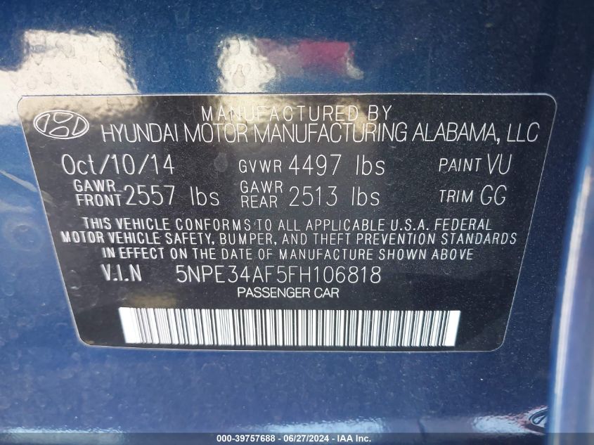 2015 Hyundai Sonata Sport VIN: 5NPE34AF5FH106818 Lot: 39757688