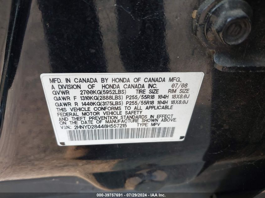2008 Acura Mdx Technology VIN: 2HNYD28448H557215 Lot: 39757691