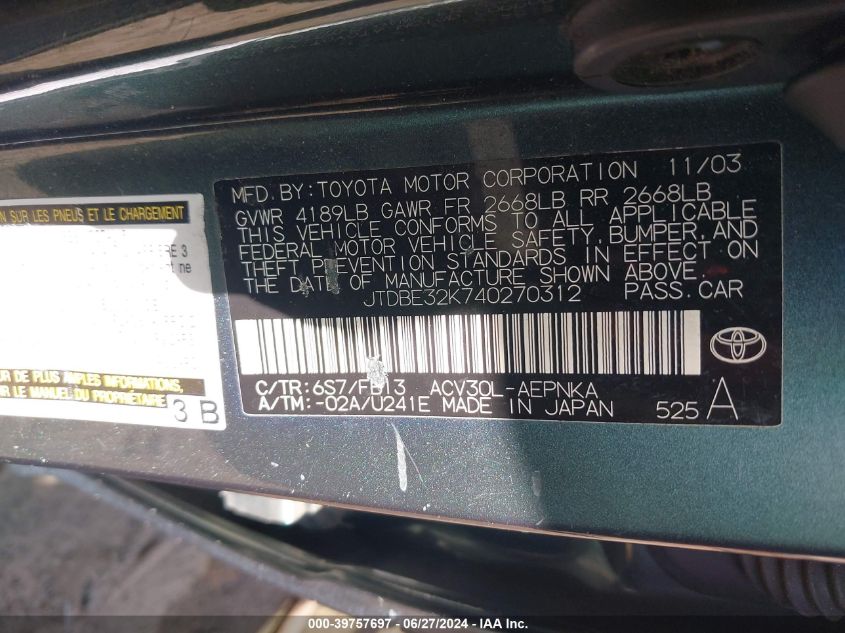 2004 Toyota Camry Le VIN: JTDBE32K740270312 Lot: 39757697