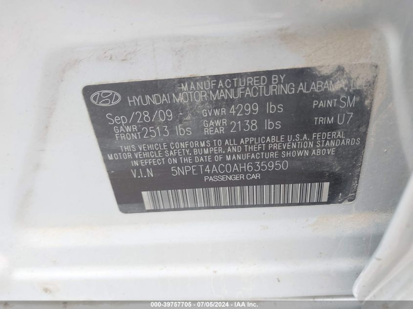 5NPET4AC0AH635950 2010 Hyundai Sonata Gls