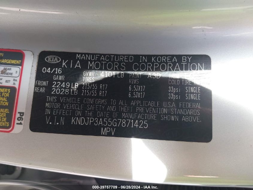 2016 Kia Soul + VIN: KNDJP3A55G7871425 Lot: 39757709