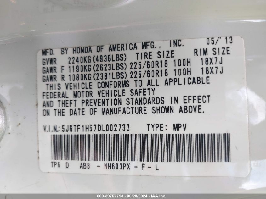 2013 Honda Crosstour Exl VIN: 5J6TF1H57DL002733 Lot: 39757713