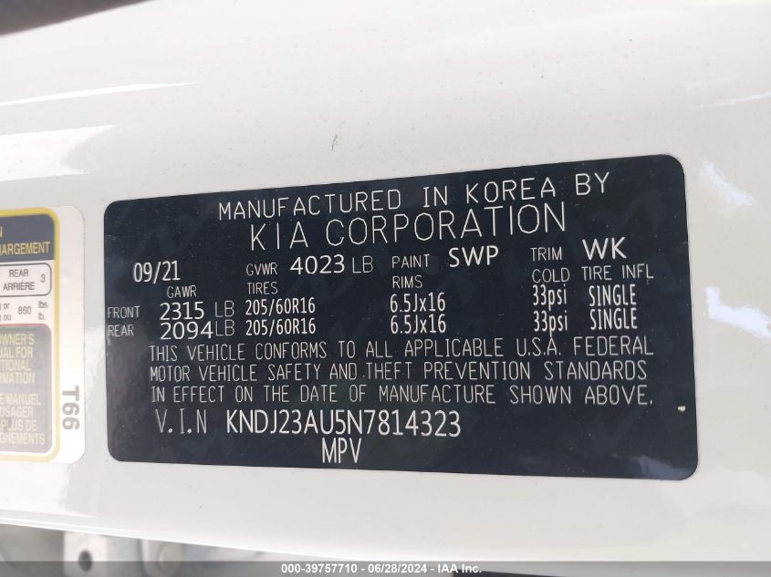 2022 Kia Soul Lx VIN: KNDJ23AU5N7814323 Lot: 39757710