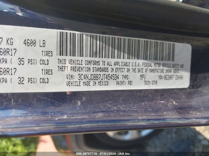 2018 Jeep Compass Latitude 4X4 VIN: 3C4NJDBB7JT454534 Lot: 39757719
