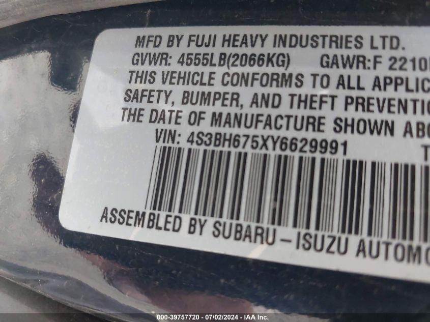 2000 Subaru Legacy Outback Awp VIN: 4S3BH675XY6629991 Lot: 39757720