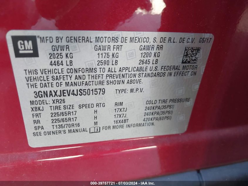 2018 Chevrolet Equinox Lt VIN: 3GNAXJEV4JS501579 Lot: 39757721