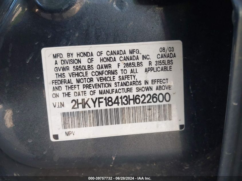 2003 Honda Pilot Ex VIN: 2HKYF18413H622600 Lot: 39757732