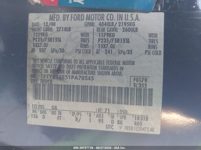 2001 Ford Ranger Edge/Xlt VIN: 1FTYR14E51PA78545 Lot: 39757739